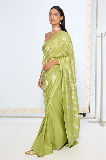 Ekaya Banaras_Green Silk Zari Handwoven Sage Saree With Running Blouse _Online_at_Aza_Fashions