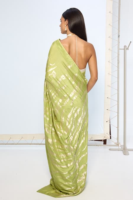 Ekaya Banaras Handwoven Sage Green Silk Saree With Running Blouse 