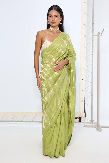Ekaya Banaras Green Silk Zari Handwoven Sage Saree With Running Blouse 