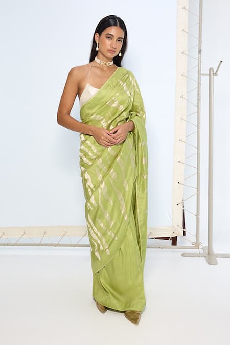 Buy_Ekaya Banaras_Green Silk Zari Handwoven Sage Saree With Running Blouse _Online_at_Aza_Fashions