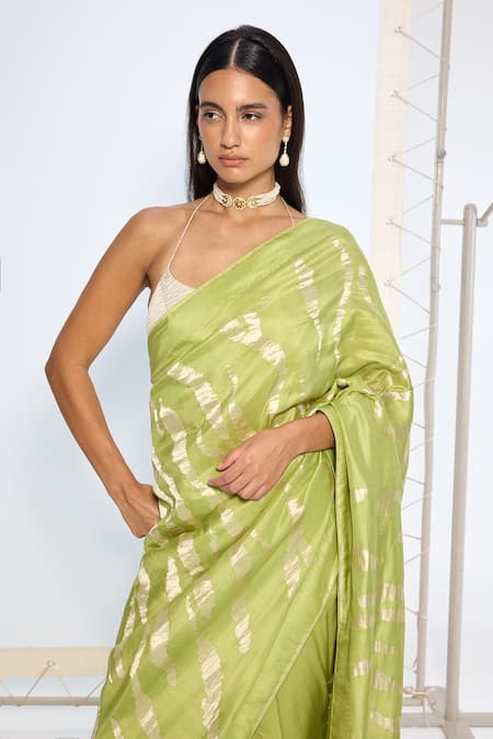 Ekaya Banaras_Green Silk Zari Handwoven Sage Saree With Running Blouse _at_Aza_Fashions