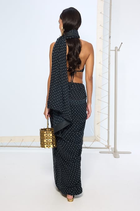 Shop Ekaya Banaras Black Chiffon Noir Polka Dotted Saree With Running Blouse at Aza Fashions Shop_Ekaya Banaras_Black Chiffon Noir Polka Dotted Saree With Running Blouse _at_Aza_Fashions