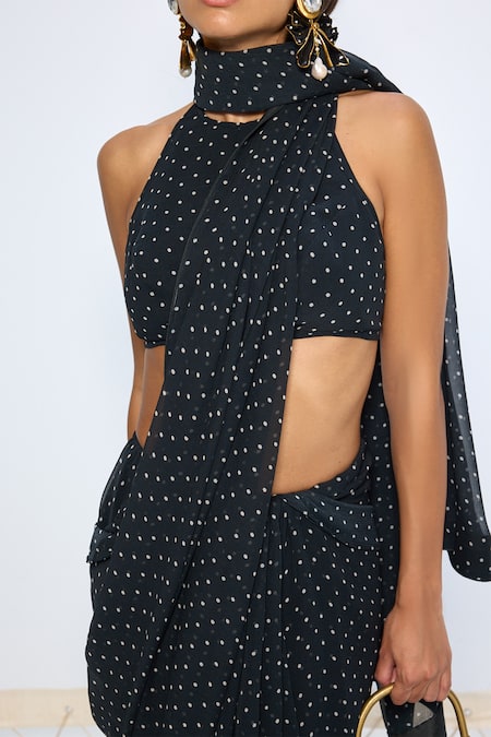 Ekaya Banaras Black Chiffon Noir Polka Dotted Saree With Running Blouse Online at Aza Fashions Ekaya Banaras_Black Chiffon Noir Polka Dotted Saree With Running Blouse _Online_at_Aza_Fashions