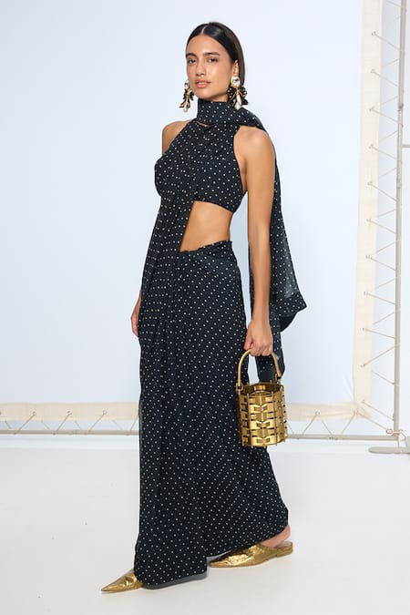 Buy Ekaya Banaras Black Chiffon Noir Polka Dotted Saree With Running Blouse Online at Aza Fashions Buy_Ekaya Banaras_Black Chiffon Noir Polka Dotted Saree With Running Blouse _Online_at_Aza_Fashions