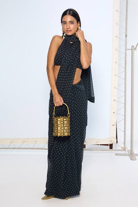 Shop Ekaya Banaras Black Chiffon Noir Polka Dotted Saree With Running Blouse Online at Aza Fashions Shop_Ekaya Banaras_Black Chiffon Noir Polka Dotted Saree With Running Blouse _Online_at_Aza_Fashions