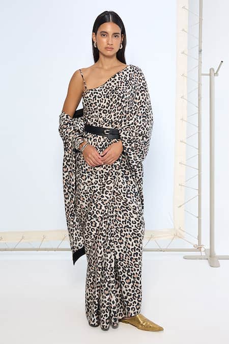 Ekaya Banaras Black Silk Leopard Print Saree With Running Blouse 