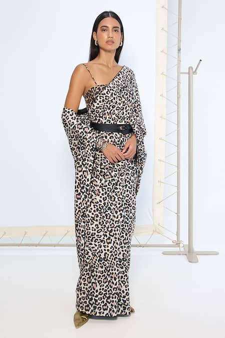 Buy_Ekaya Banaras_Black Silk Leopard Print Saree With Running Blouse _Online_at_Aza_Fashions