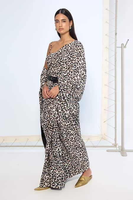 Shop_Ekaya Banaras_Black Silk Leopard Print Saree With Running Blouse _Online_at_Aza_Fashions