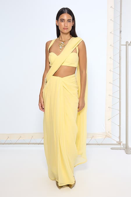 Ekaya Banaras Yellow Chiffon Brooch Saree With Running Blouse 