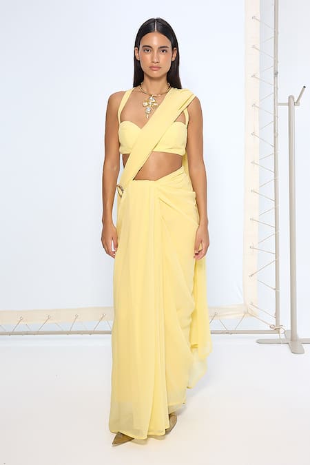 Buy Ekaya Banaras Yellow Chiffon Brooch Saree With Running Blouse Online at Aza Fashions Buy_Ekaya Banaras_Yellow Chiffon Brooch Saree With Running Blouse _Online_at_Aza_Fashions