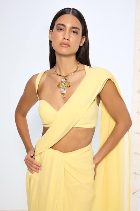 Shop Ekaya Banaras Yellow Chiffon Brooch Saree With Running Blouse Online at Aza Fashions Shop_Ekaya Banaras_Yellow Chiffon Brooch Saree With Running Blouse _Online_at_Aza_Fashions