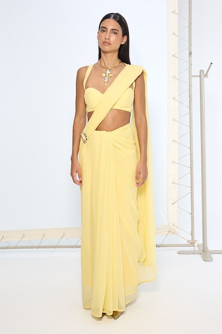 Ekaya Banaras Yellow Chiffon Brooch Saree With Running Blouse at Aza Fashions Ekaya Banaras_Yellow Chiffon Brooch Saree With Running Blouse _at_Aza_Fashions