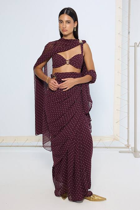 Shop_Ekaya Banaras_Maroon Chiffon Movable Brooch Dotted Saree With Running Blouse _Online_at_Aza_Fashions