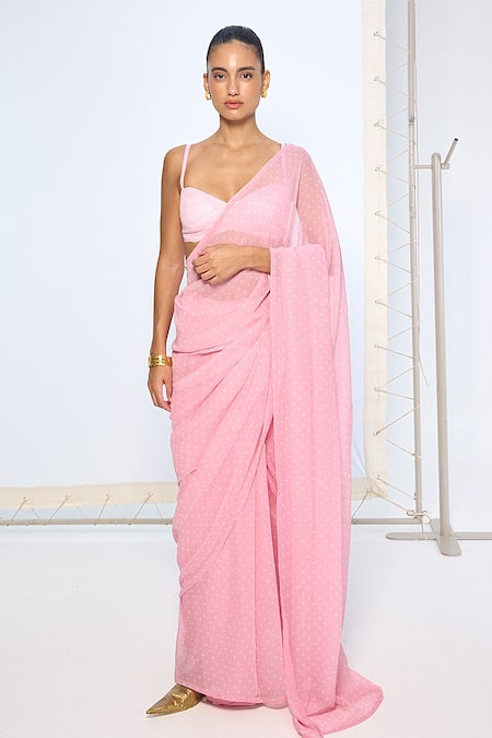 Ekaya Banaras Pink Chiffon Strawberry Polka Dotted Saree With Running Blouse 