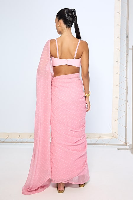 Shop Ekaya Banaras Pink Chiffon Strawberry Polka Dotted Saree With Running Blouse at Aza Fashions Shop_Ekaya Banaras_Pink Chiffon Strawberry Polka Dotted Saree With Running Blouse _at_Aza_Fashions