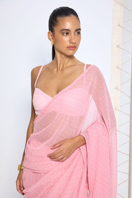 Ekaya Banaras Pink Chiffon Strawberry Polka Dotted Saree With Running Blouse at Aza Fashions Ekaya Banaras_Pink Chiffon Strawberry Polka Dotted Saree With Running Blouse _at_Aza_Fashions