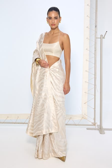 Shop Ekaya Banaras Ivory Silk Zari Handwoven Saree With Running Blouse Online at Aza Fashions Shop_Ekaya Banaras_Ivory Silk Zari Handwoven Saree With Running Blouse _Online_at_Aza_Fashions