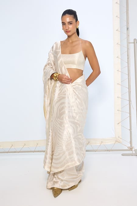 Ekaya Banaras Ivory Silk Zari Handwoven Saree With Running Blouse at Aza Fashions Ekaya Banaras_Ivory Silk Zari Handwoven Saree With Running Blouse _at_Aza_Fashions