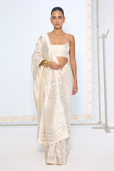 Ekaya Banaras Ivory Silk Zari Handwoven Saree With Running Blouse 