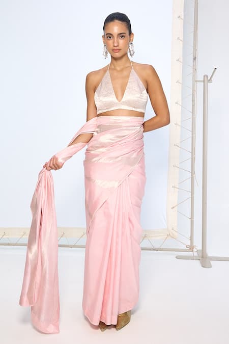 Ekaya Banaras_Pink Silk Zari Handwoven Blush Saree With Running Blouse _Online_at_Aza_Fashions