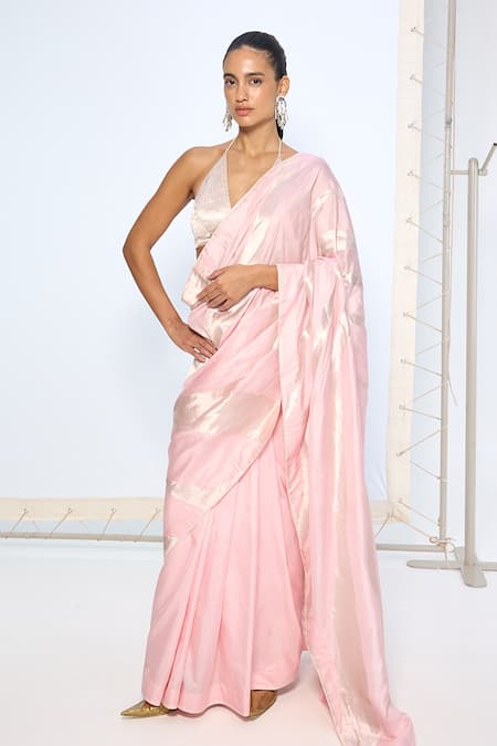Ekaya Banaras Pink Silk Zari Handwoven Blush Saree With Running Blouse 
