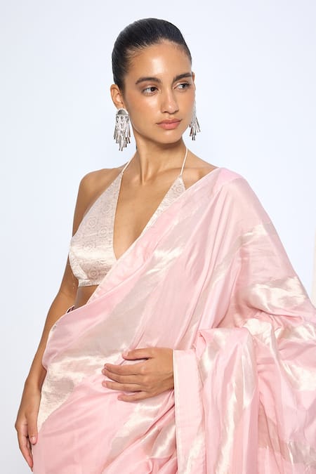 Buy_Ekaya Banaras_Pink Silk Zari Handwoven Blush Saree With Running Blouse _Online_at_Aza_Fashions