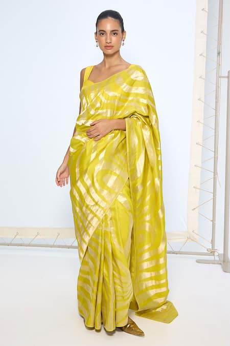 Buy_Ekaya Banaras_Yellow Silk Zari Handwoven Citrine Saree With Running Blouse _Online_at_Aza_Fashions