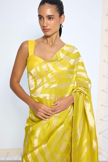 Shop_Ekaya Banaras_Yellow Silk Zari Handwoven Citrine Saree With Running Blouse _Online_at_Aza_Fashions