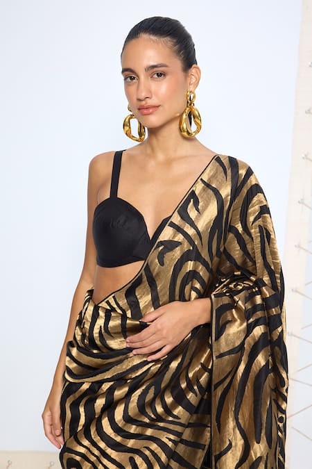 Ekaya Banaras Black Silk Zari Handwoven And Gold Saree With Running Blouse Online at Aza Fashions Ekaya Banaras_Black Silk Zari Handwoven And Gold Saree With Running Blouse _Online_at_Aza_Fashions