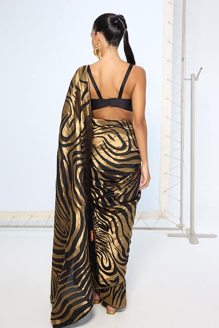 Shop Ekaya Banaras Black Silk Zari Handwoven And Gold Saree With Running Blouse at Aza Fashions Shop_Ekaya Banaras_Black Silk Zari Handwoven And Gold Saree With Running Blouse _at_Aza_Fashions
