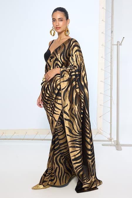 Shop Ekaya Banaras Black Silk Zari Handwoven And Gold Saree With Running Blouse Online at Aza Fashions Shop_Ekaya Banaras_Black Silk Zari Handwoven And Gold Saree With Running Blouse _Online_at_Aza_Fashions