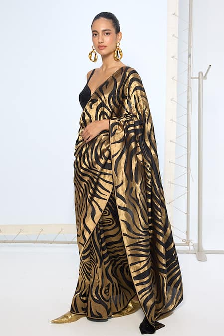 Ekaya Banaras Black Silk Zari Handwoven And Gold Saree With Running Blouse at Aza Fashions Ekaya Banaras_Black Silk Zari Handwoven And Gold Saree With Running Blouse _at_Aza_Fashions