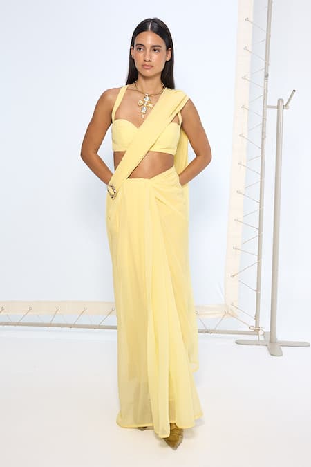 Ekaya Banaras Yellow Chiffon Soft Movable Brooch Saree With Running Blouse 