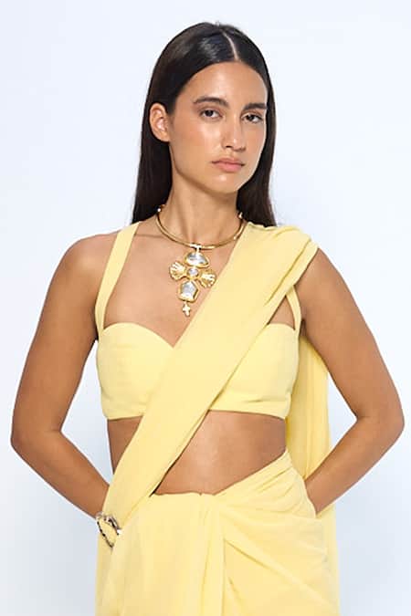 Ekaya Banaras_Yellow Chiffon Soft Movable Brooch Saree With Running Blouse _Online_at_Aza_Fashions