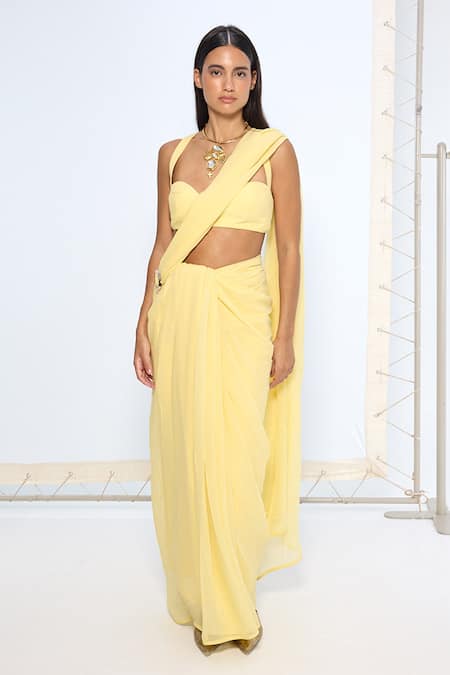 Buy_Ekaya Banaras_Yellow Chiffon Soft Movable Brooch Saree With Running Blouse _Online_at_Aza_Fashions
