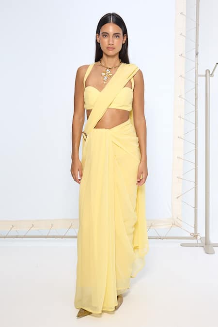 Shop_Ekaya Banaras_Yellow Chiffon Soft Movable Brooch Saree With Running Blouse _Online_at_Aza_Fashions