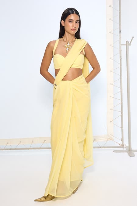 Ekaya Banaras_Yellow Chiffon Soft Movable Brooch Saree With Running Blouse _at_Aza_Fashions