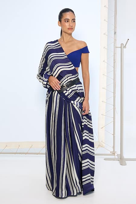 Ekaya Banaras Navy Satin, Silk Striped Printed Saree With Running Blouse Online at Aza Fashions Ekaya Banaras_Navy Satin, Silk Striped Printed Saree With Running Blouse _Online_at_Aza_Fashions