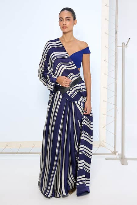 Ekaya Banaras Navy Satin, Silk Striped Printed Saree With Running Blouse 