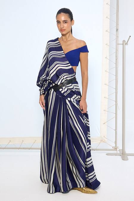 Buy Ekaya Banaras Navy Satin, Silk Striped Printed Saree With Running Blouse Online at Aza Fashions Buy_Ekaya Banaras_Navy Satin, Silk Striped Printed Saree With Running Blouse _Online_at_Aza_Fashions
