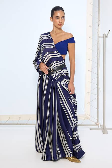 Shop Ekaya Banaras Navy Satin, Silk Striped Printed Saree With Running Blouse Online at Aza Fashions Shop_Ekaya Banaras_Navy Satin, Silk Striped Printed Saree With Running Blouse _Online_at_Aza_Fashions