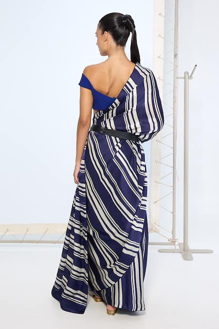 Shop Ekaya Banaras Navy Satin, Silk Striped Printed Saree With Running Blouse at Aza Fashions Shop_Ekaya Banaras_Navy Satin, Silk Striped Printed Saree With Running Blouse _at_Aza_Fashions