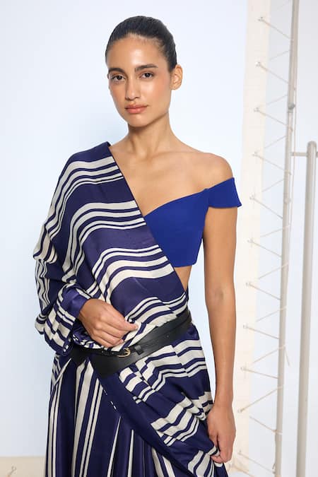 Ekaya Banaras Navy Satin, Silk Striped Printed Saree With Running Blouse at Aza Fashions Ekaya Banaras_Navy Satin, Silk Striped Printed Saree With Running Blouse _at_Aza_Fashions