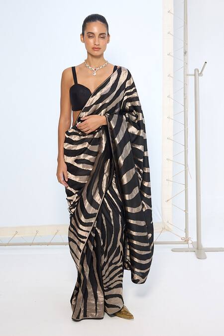 Ekaya Banaras Black Silk Zari Handwoven And Silver Saree With Running Blouse Online at Aza Fashions Ekaya Banaras_Black Silk Zari Handwoven And Silver Saree With Running Blouse _Online_at_Aza_Fashions