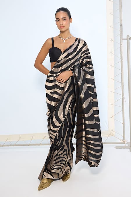 Buy Ekaya Banaras Black Silk Zari Handwoven And Silver Saree With Running Blouse Online at Aza Fashions Buy_Ekaya Banaras_Black Silk Zari Handwoven And Silver Saree With Running Blouse _Online_at_Aza_Fashions