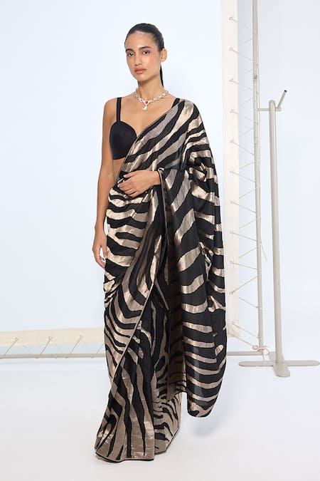 Ekaya Banaras Black Silk Zari Handwoven And Silver Saree With Running Blouse