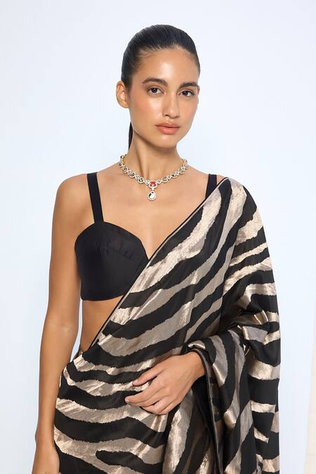 Shop Ekaya Banaras Black Silk Zari Handwoven And Silver Saree With Running Blouse Online at Aza Fashions Shop_Ekaya Banaras_Black Silk Zari Handwoven And Silver Saree With Running Blouse _Online_at_Aza_Fashions