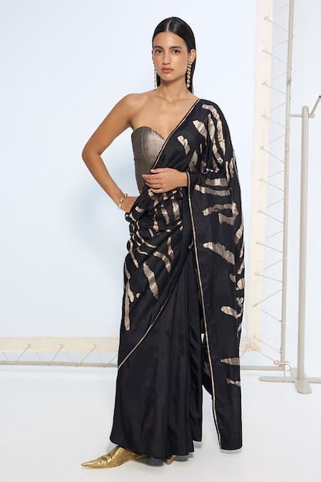 Ekaya Banaras Black Silk Zari Handwoven Noir And Silver Saree With Running Blouse 