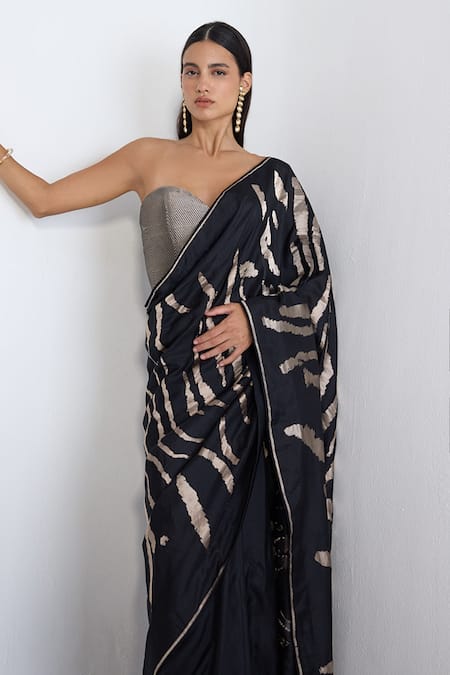Ekaya Banaras Black Silk Zari Handwoven Noir And Silver Saree With Running Blouse Online at Aza Fashions Ekaya Banaras_Black Silk Zari Handwoven Noir And Silver Saree With Running Blouse _Online_at_Aza_Fashions