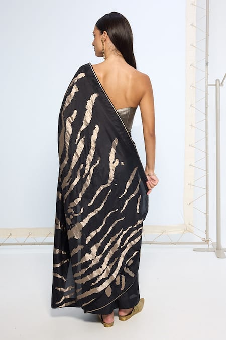 Ekaya Banaras Handwoven Noir and Silver Silk Saree With Running Blouse 